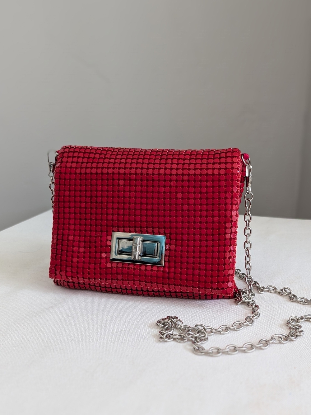 Red Rhinestone Crossbody/Clutch with Silver Chain